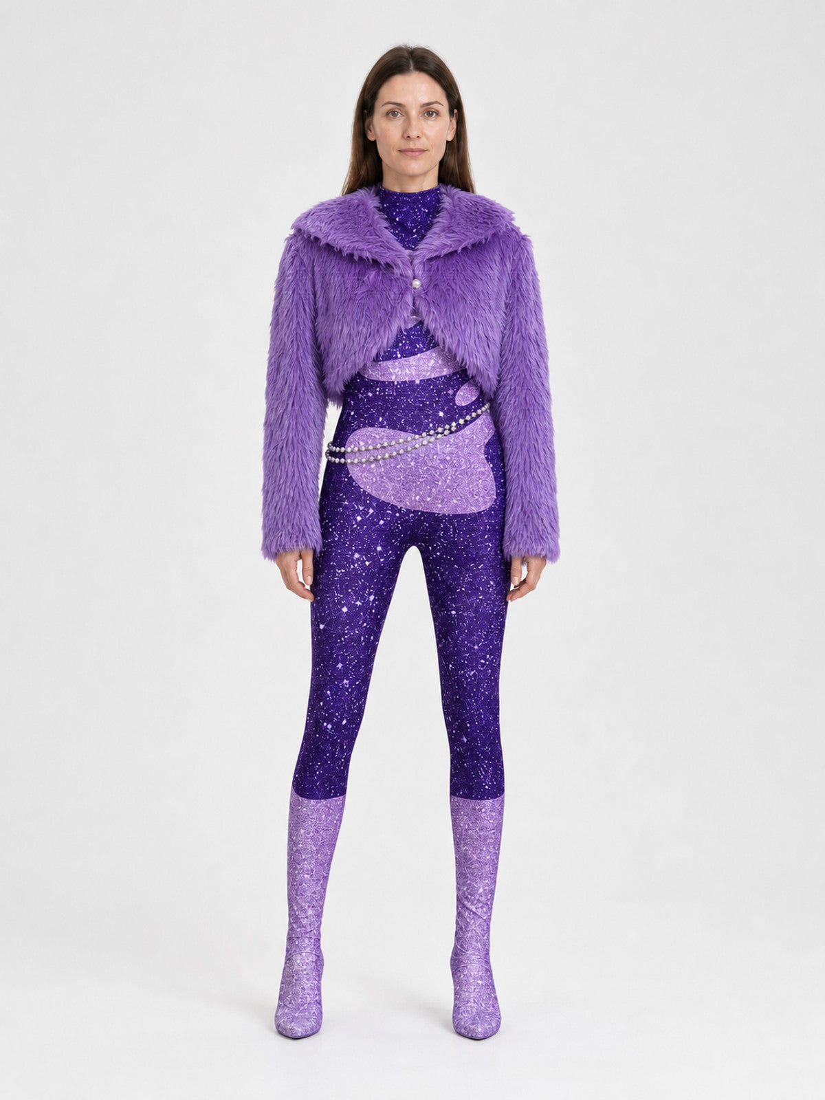 Cosplay Costume: Purple Coat, Bodysuit, and Chain on-model view