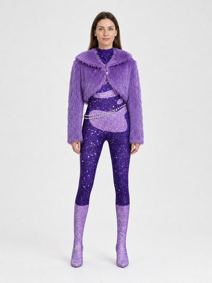 Cosplay Costume: Purple Coat, Bodysuit, and Chain on-model view