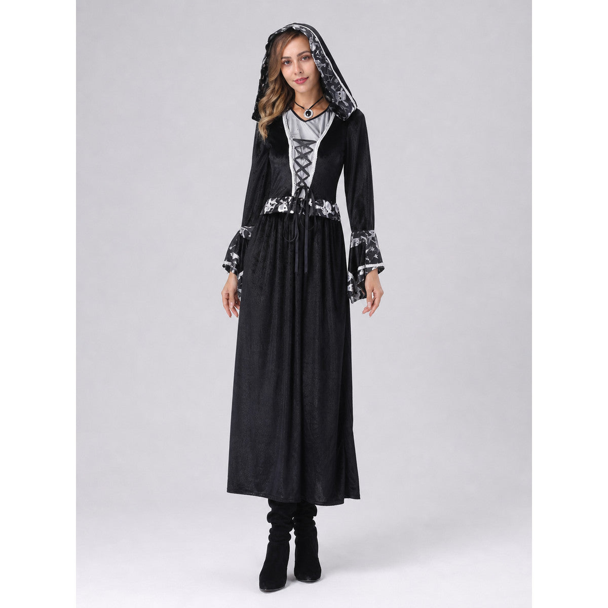Black Hooded Witch Costume for Cosplay and Halloween