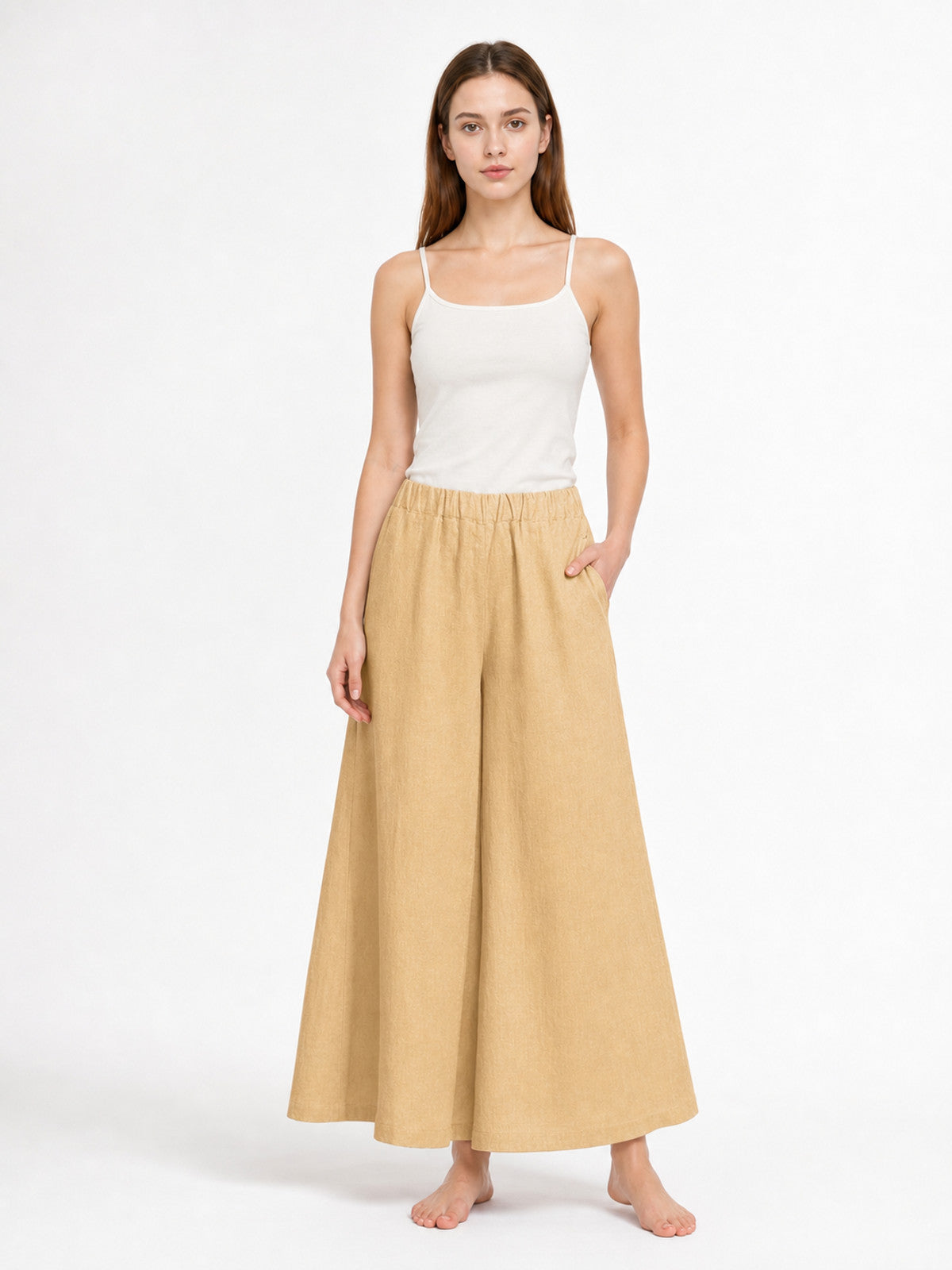 Apricot Wide Leg Pants, Elastic Waist Long Trousers with Two Side Pockets