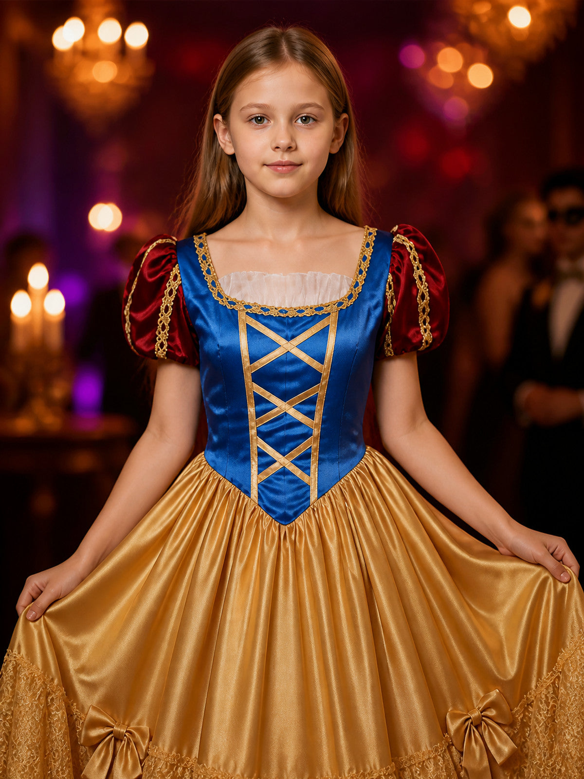 Girls Snow White Costume Dress, Blue Bodice with Gold Lacing, Red Puff Sleeves on-model view