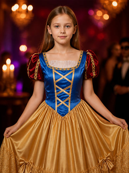 Girls Snow White Costume Dress, Blue Bodice with Gold Lacing, Red Puff Sleeves on-model view