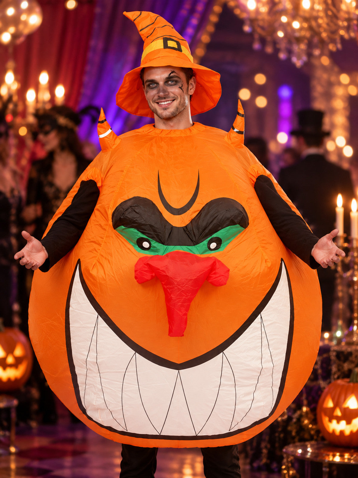 Inflatable Pumpkin Costume with Orange Hat and Fan