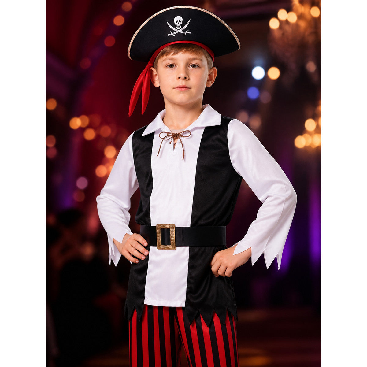Boy's Pirate Costume Set with Skull and Crossbones Hat and Belt