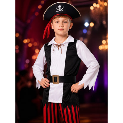 Boy's Pirate Costume Set with Skull and Crossbones Hat and Belt