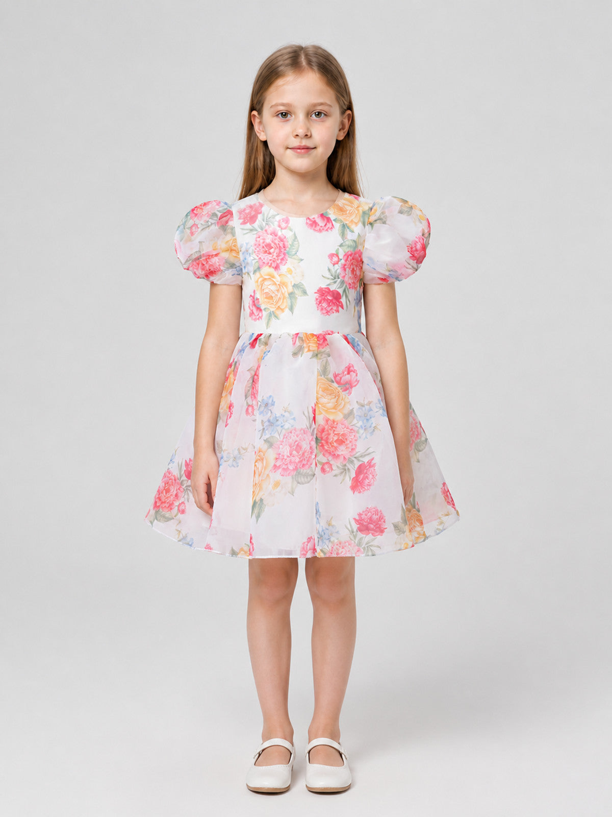 Children’s Dress with Floral Print and Puff Sleeves