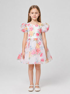 Children’s Dress with Floral Print and Puff Sleeves