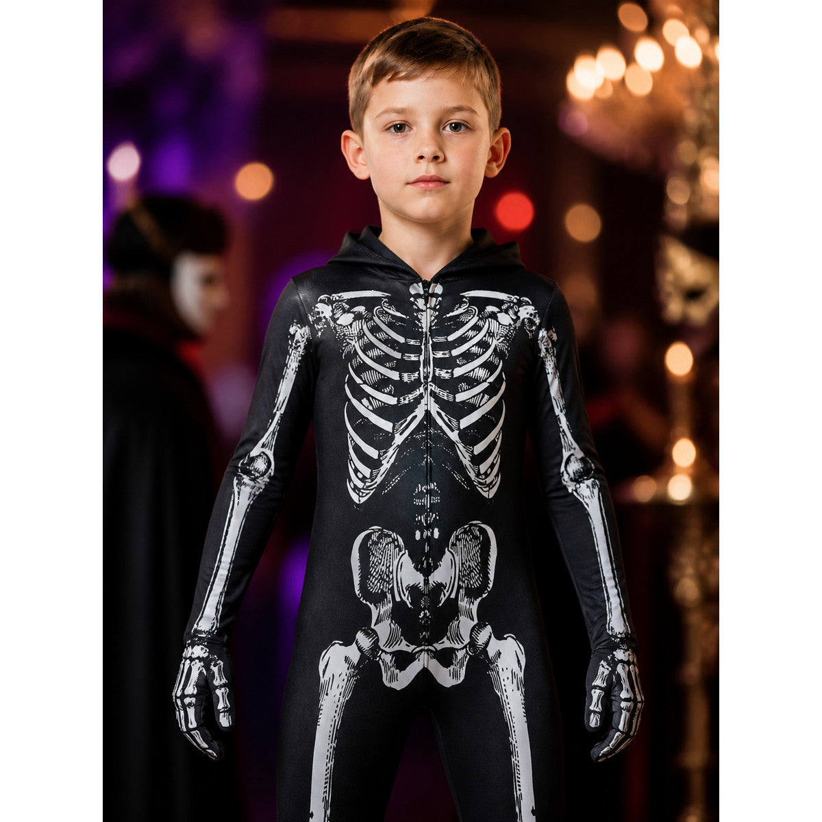 Kids Skeleton Hooded Bodysuit Costume, Black and White Bone Print Halloween on-model view