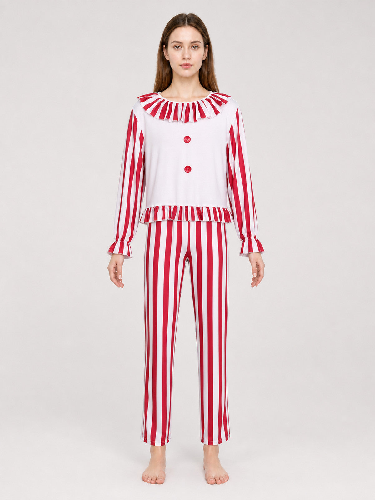 Striped Ruffled Clown-Style Sleep Set front view