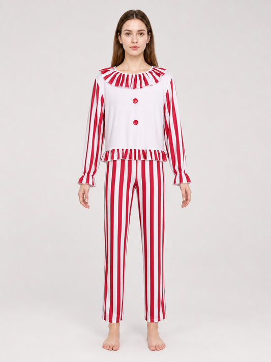 Striped Ruffled Clown-Style Sleep Set front view
