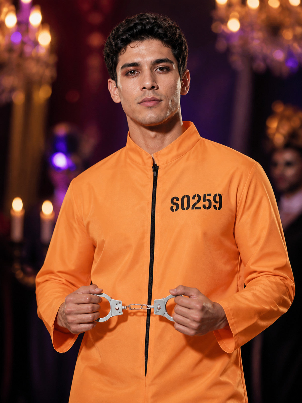 Orange Prisoner Jumpsuit Costume with Handcuffs, Front-Zip Halloween Cosplay on-model view