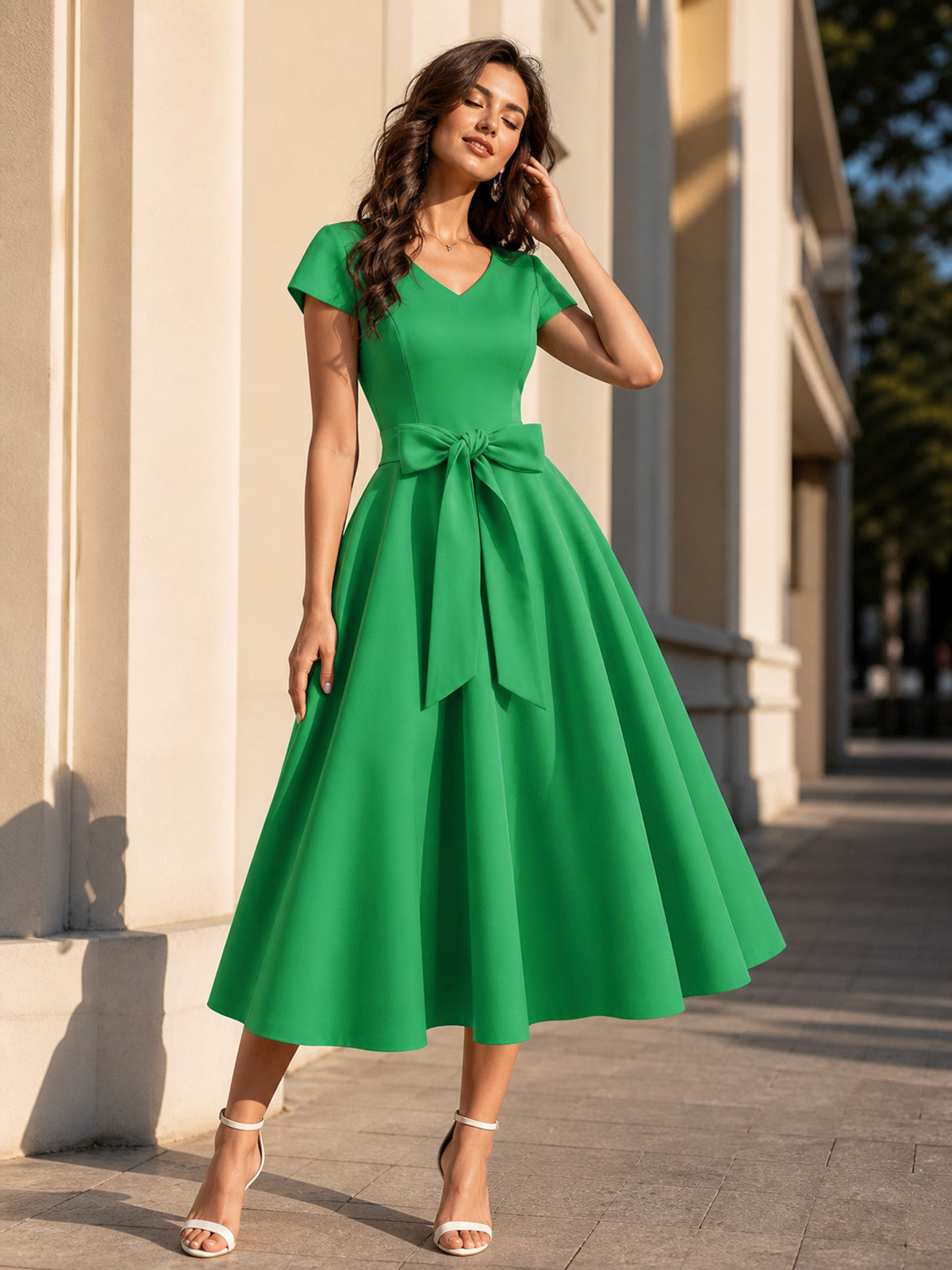 Green Dress with a V-Neck and Bow