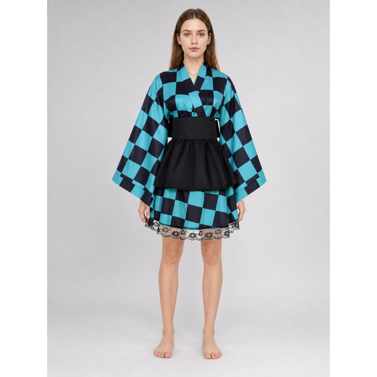 Tanjiro Kimono-Style Cosplay Dress with Lace on-model view