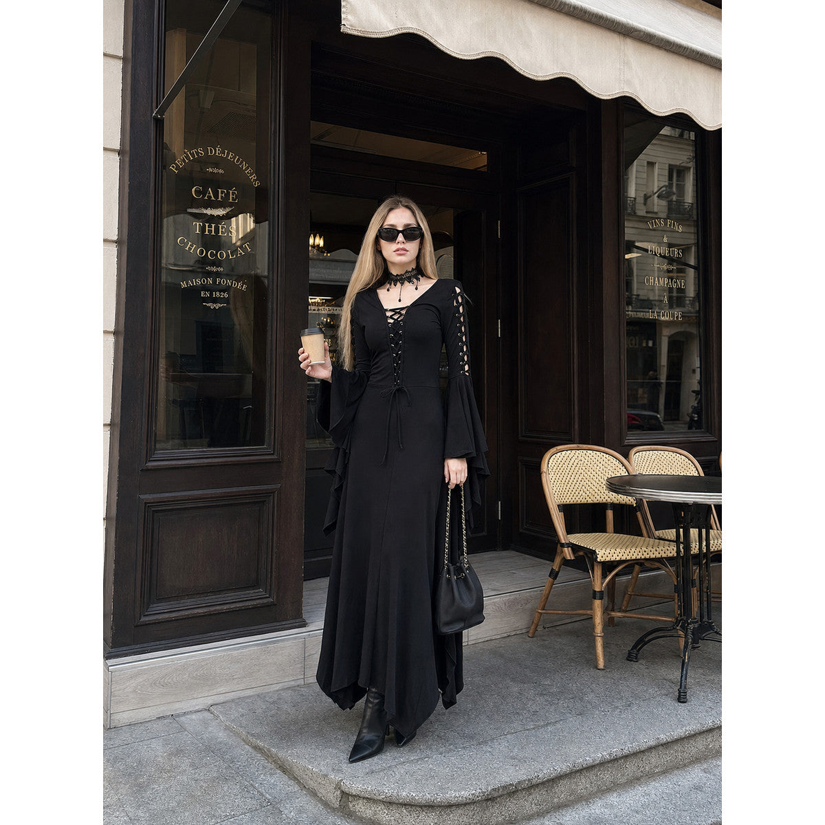 Halloween Gothic Lace-Up Maxi Dress on-model view