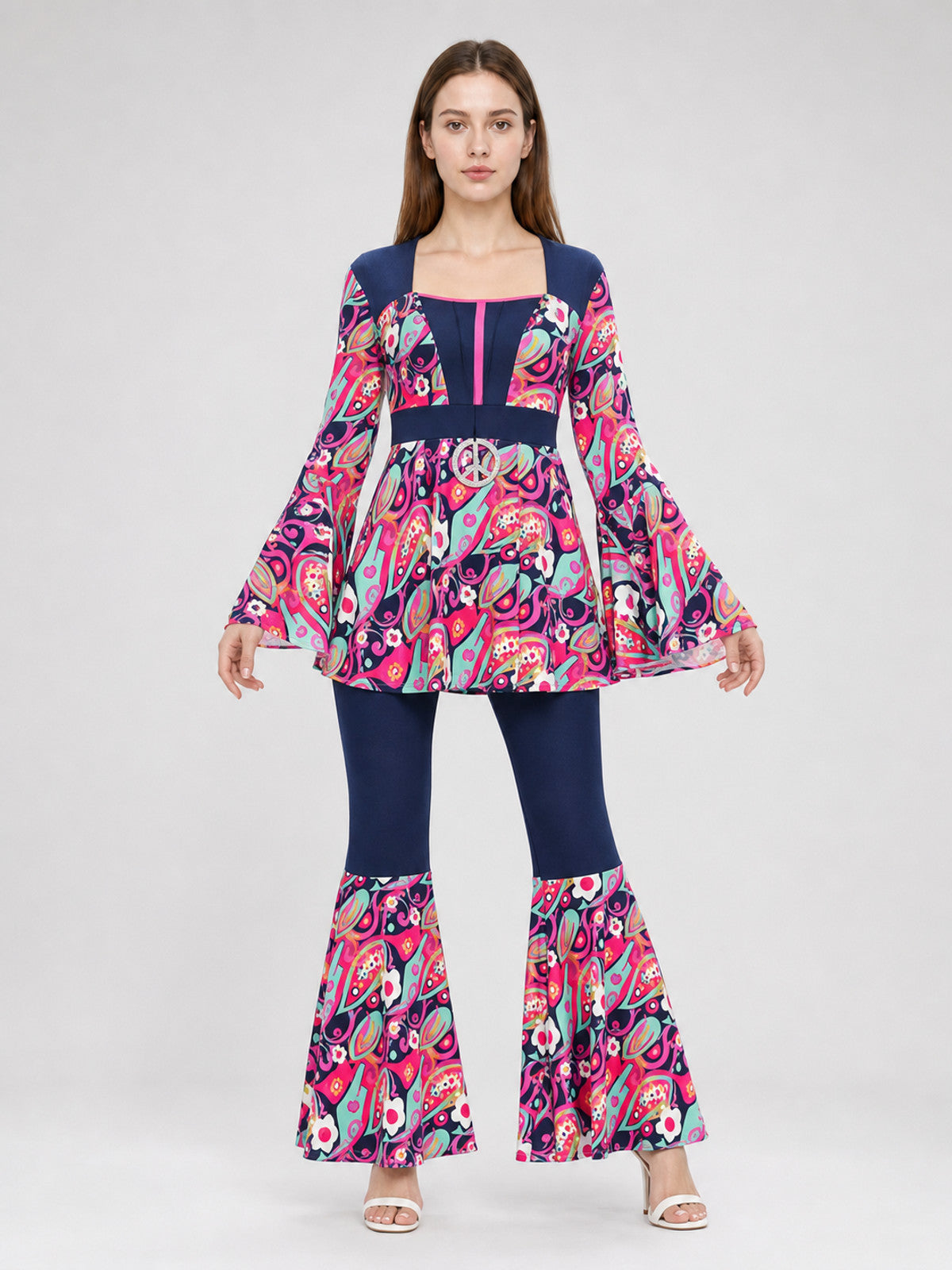 Retro Disco Flared Costume with Accessories and Pattern front view