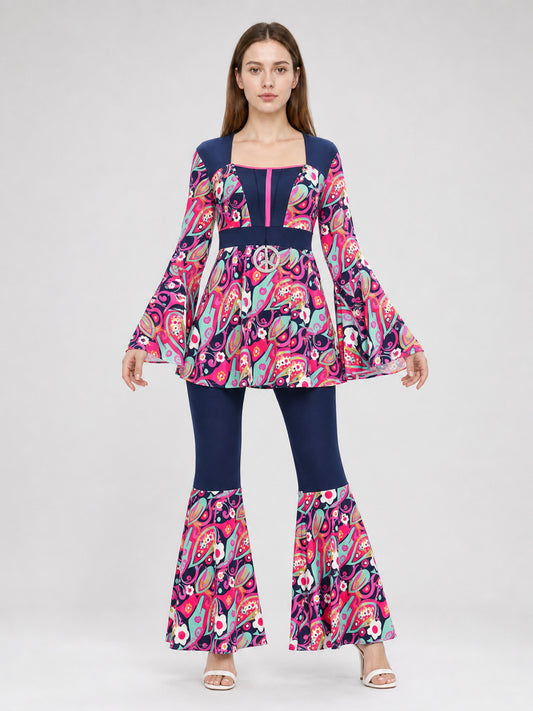 Retro Disco Flared Costume with Accessories and Pattern front view