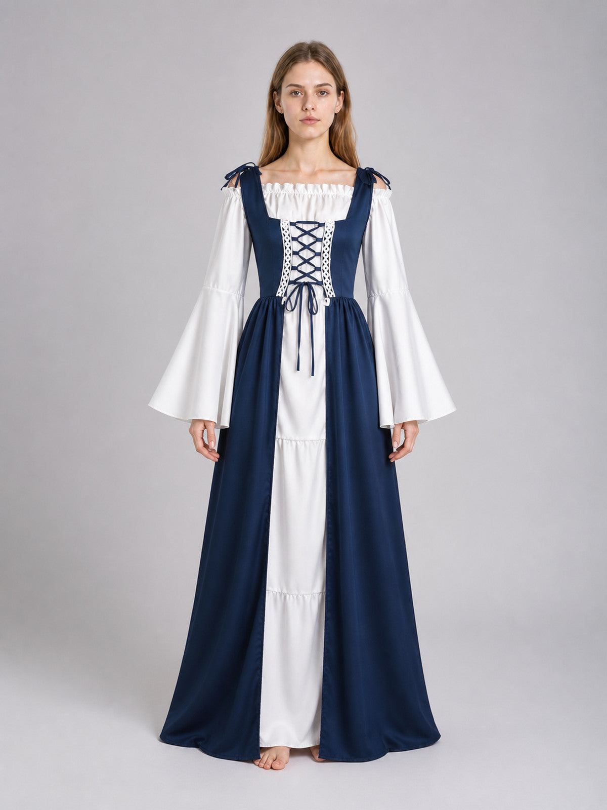 Dark Blue Medieval Dress with a Corset Bodice on-model view