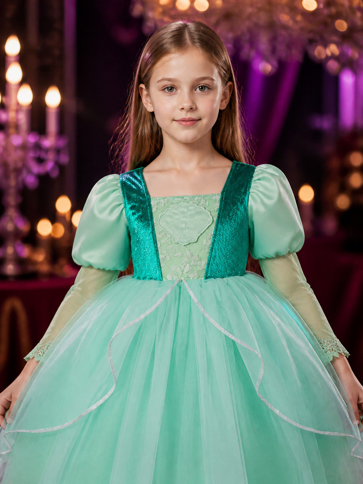 Girls' Green Princess Dress Costume, Sequined Tulle Long-Sleeve Party Outfit on-model view