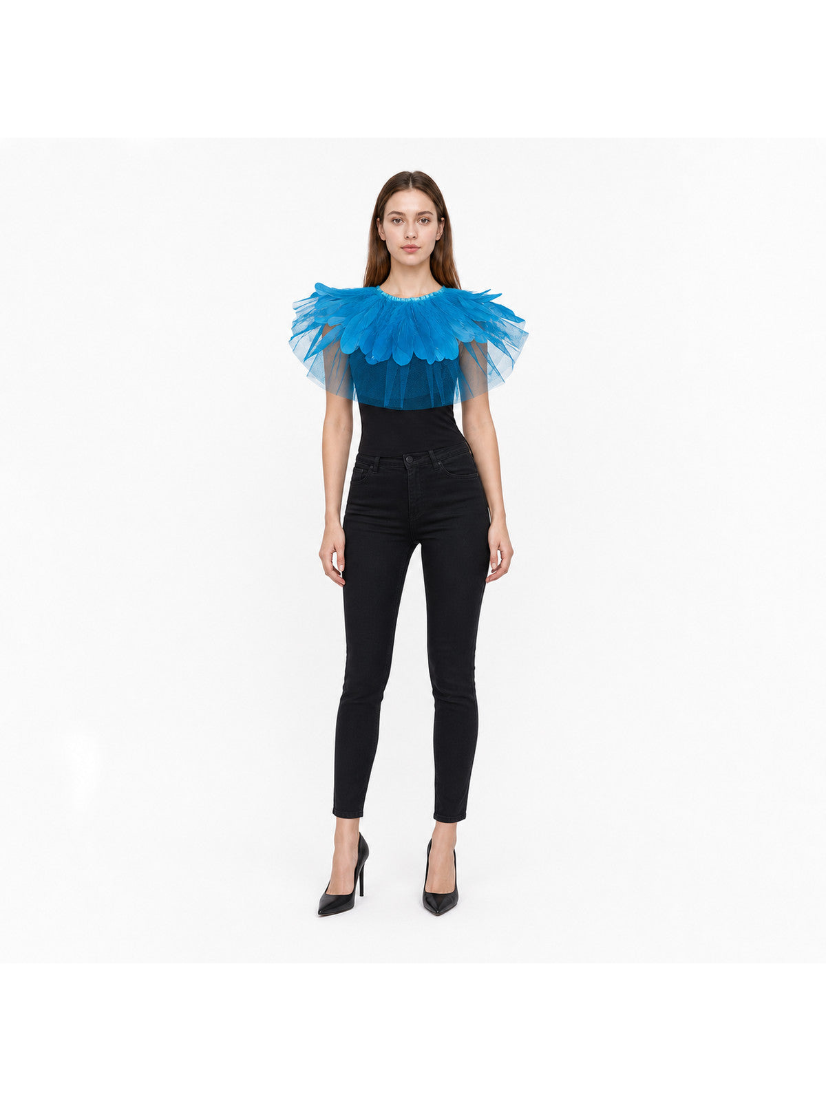 Blue feather shoulder cape with sheer mesh overlay, shown full-body on a model wearing black pants and pointed heels