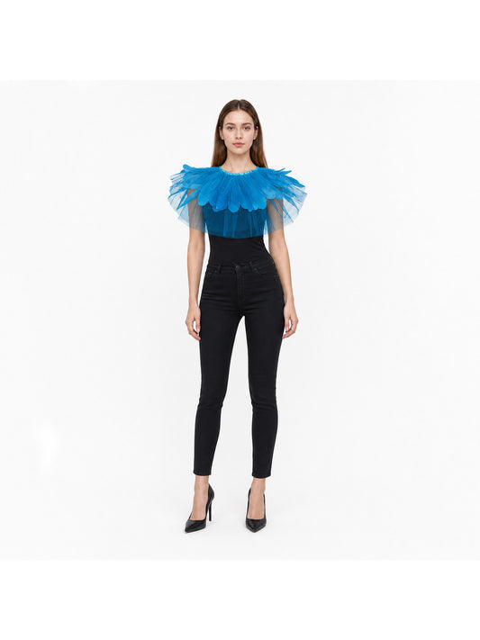 Blue Feather Mesh Shawl, Sheer Shoulder Covering With Collar Feather Trim