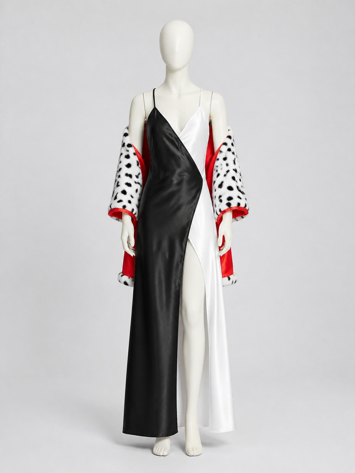 Cruella Cosplay Costume: Dress and Spotted Cape on-model view