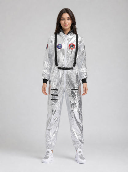Astronaut Cosplay Costume, Silver Jumpsuit front view