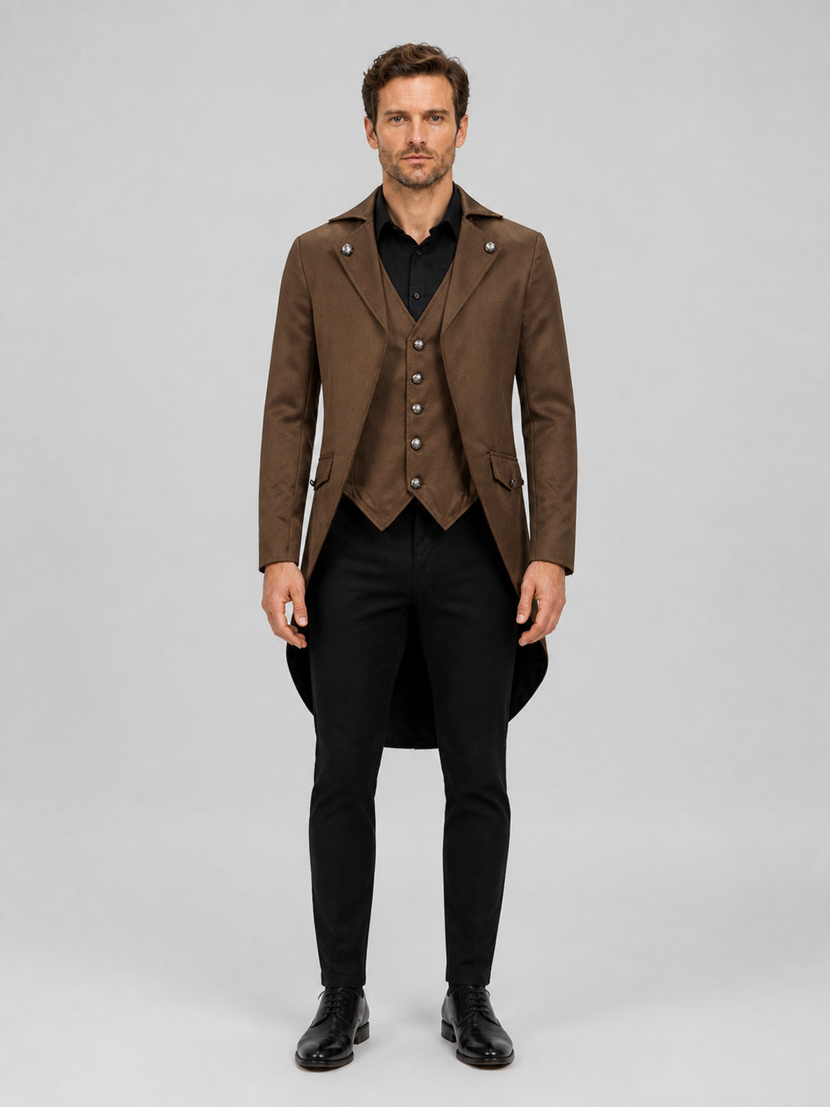 Brown Tailcoat with Tails for Halloween and Stage on-model view