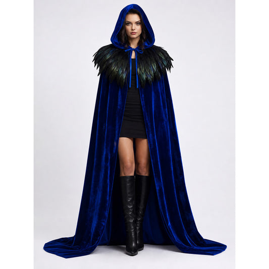 Blue Hooded Feathered Carnival Cape
