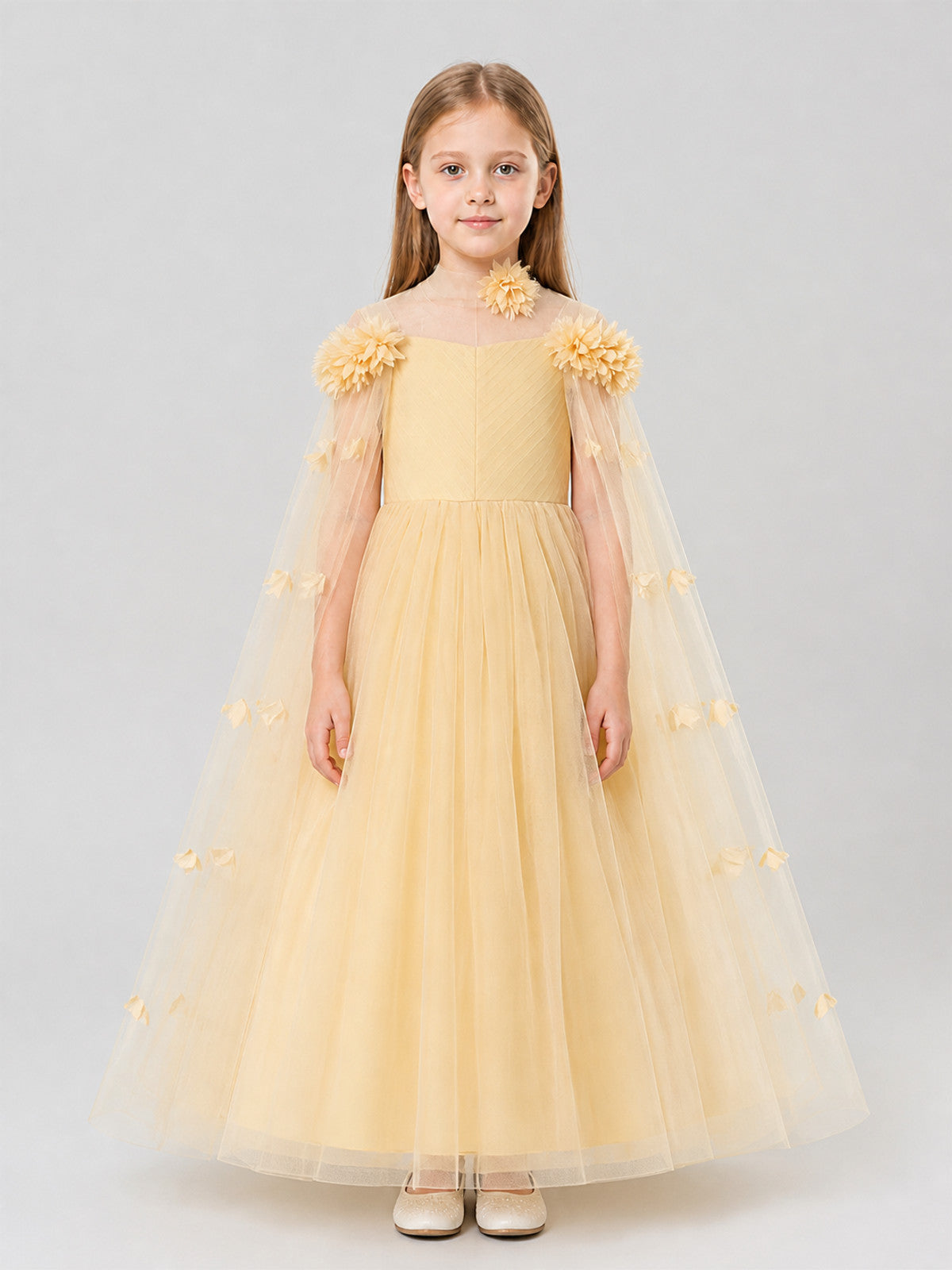 Long Princess Dress with Floral Details, Champagne on-model view