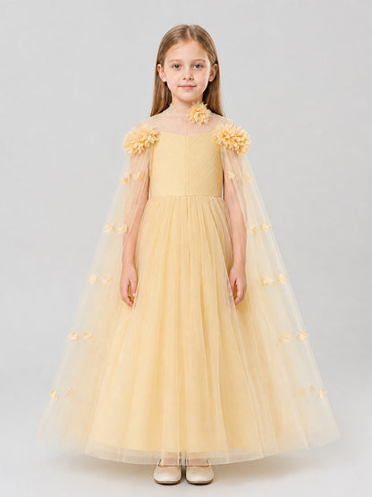 Long Princess Dress with Floral Details, Champagne on-model view