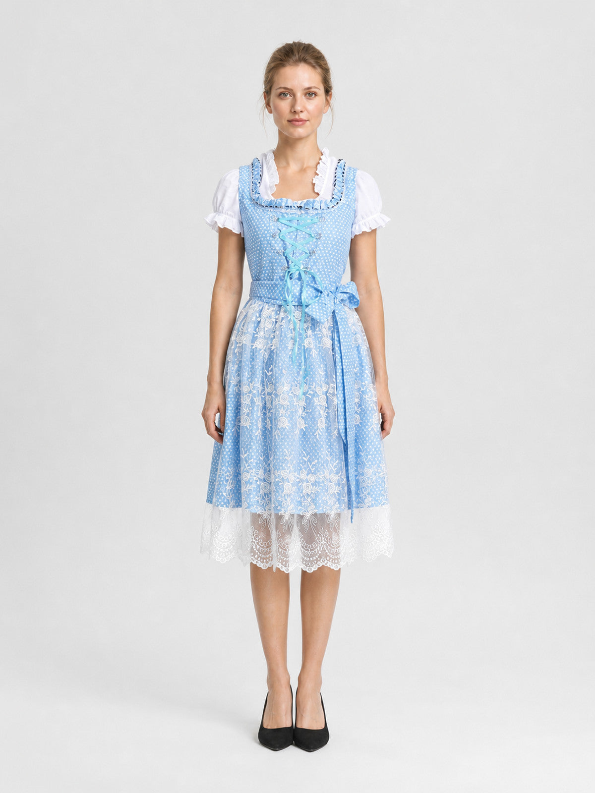 Short Light Blue Dress with Lace Skirt and Bow on-model view