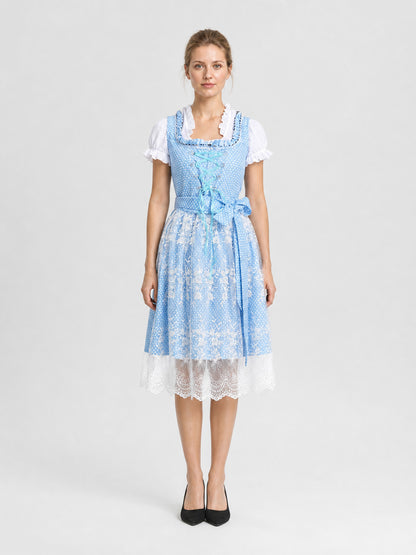 Short Light Blue Dress with Lace Skirt and Bow on-model view