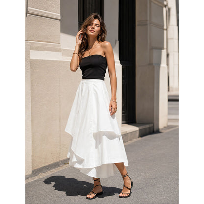 Women's White Long A-Line Skirt with Tiered Hem