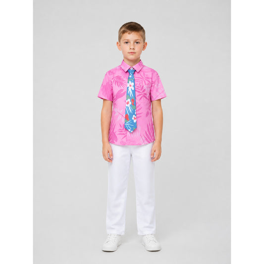 Children's costume: shirt, pants, tie, tropical print on-model view