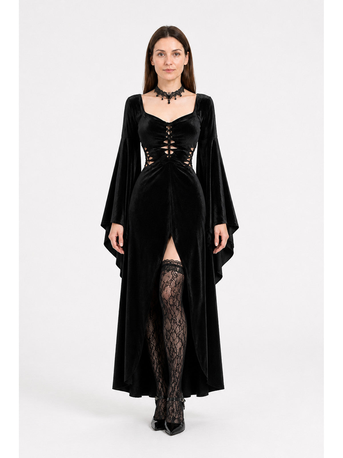 Black Long Gothic Dress with Cross-Lacing main product view