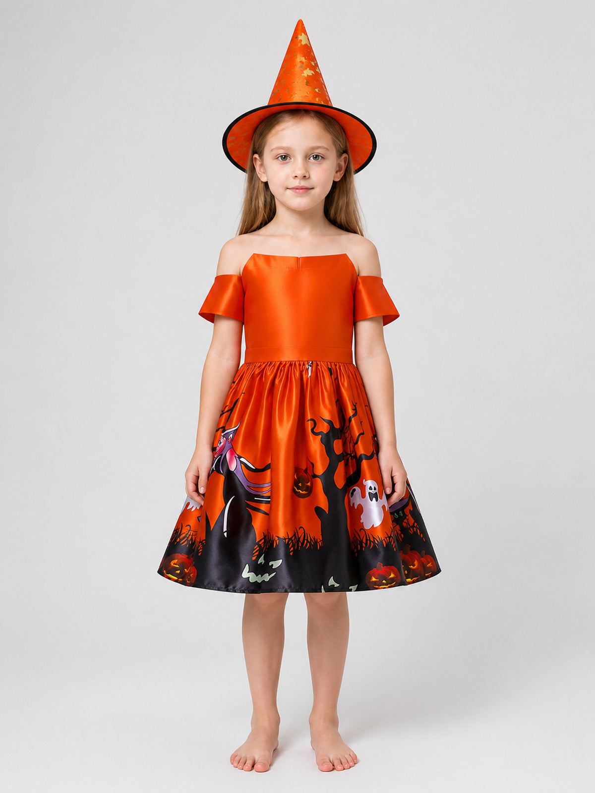 Halloween Princess Dress with Print, Full Skirt, and Hat on-model view