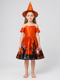 Halloween Princess Dress with Print, Full Skirt, and Hat