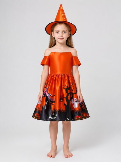 Halloween Princess Dress with Print, Full Skirt, and Hat on-model view