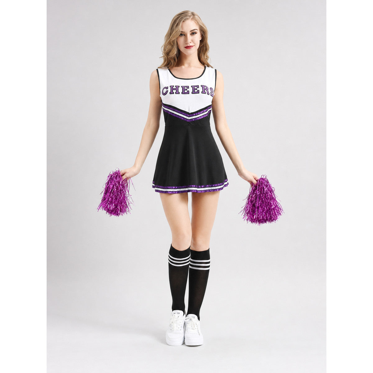 Cheerleading Costume with Dress, Bow, and Pom-Poms