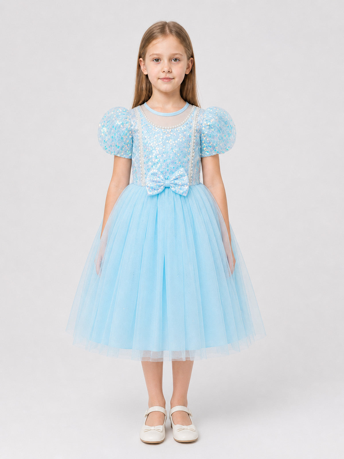 Party Dress with Sequins, a Full Skirt, and a Bow