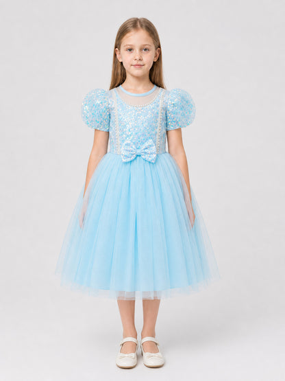 Party Dress with Sequins, a Full Skirt, and a Bow