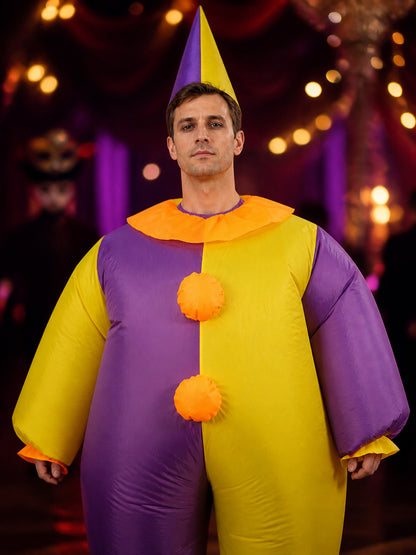 Inflatable Clown Jumpsuit Costume, Purple Yellow Split Color with Orange on-model view