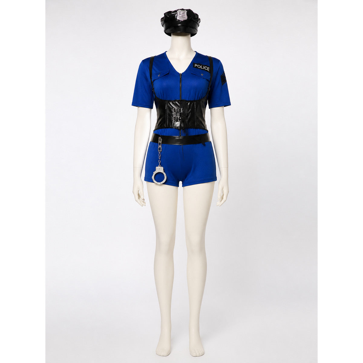 Women's Sexy Police Officer Costume Set with Hat, Belt & Handcuffs for Halloween on-model view