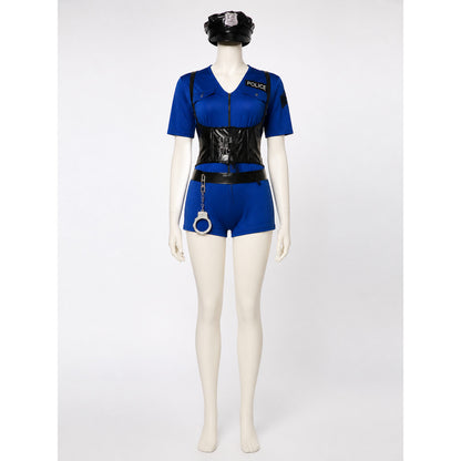 Women's Sexy Police Officer Costume Set with Hat, Belt & Handcuffs for Halloween on-model view