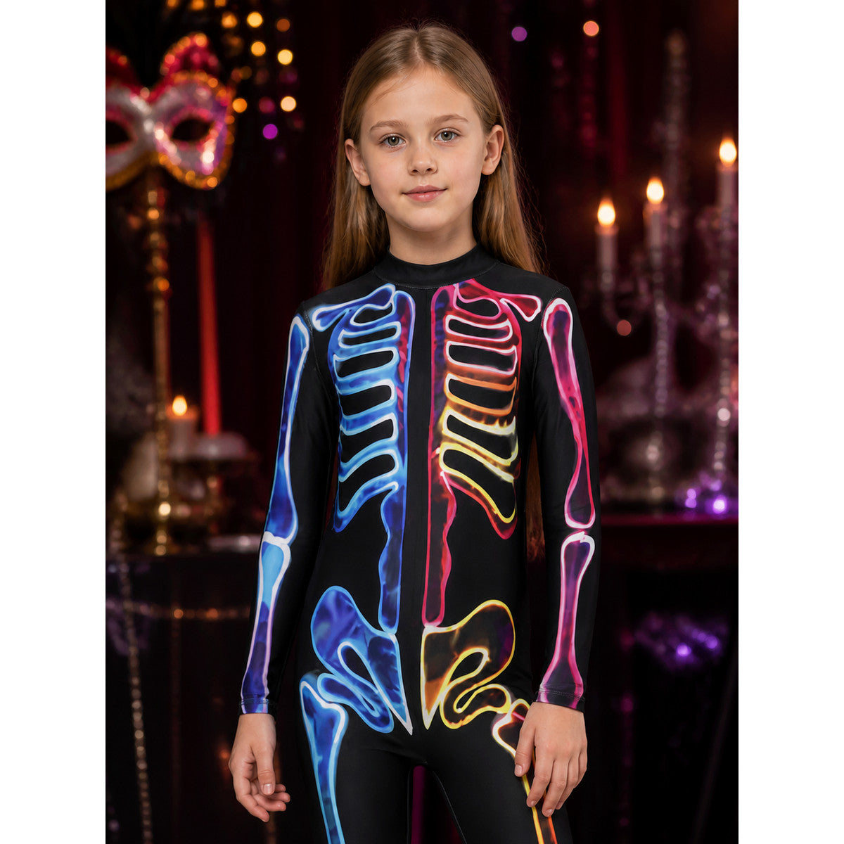 Rainbow Skeleton Bodysuit Costume with Fluorescent Bones for Halloween on-model view
