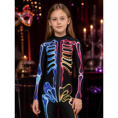 Rainbow Skeleton Bodysuit Costume with Fluorescent Bones for Halloween on-model view