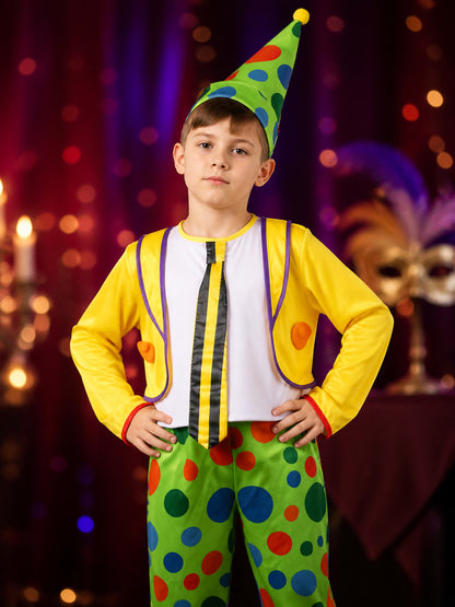 Kids Clown Jumpsuit Costume Set with Colorful Polka Dots and Cone Hat on-model view