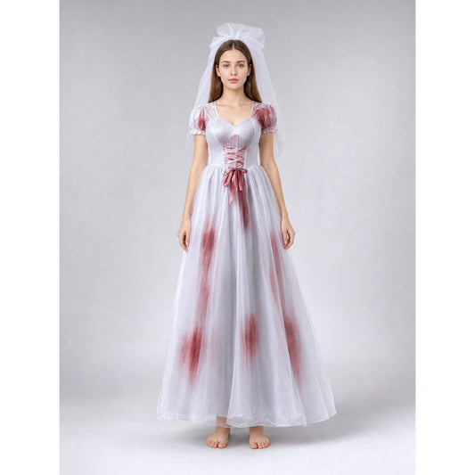 Costume dress with veil, lace-up detail, and pattern