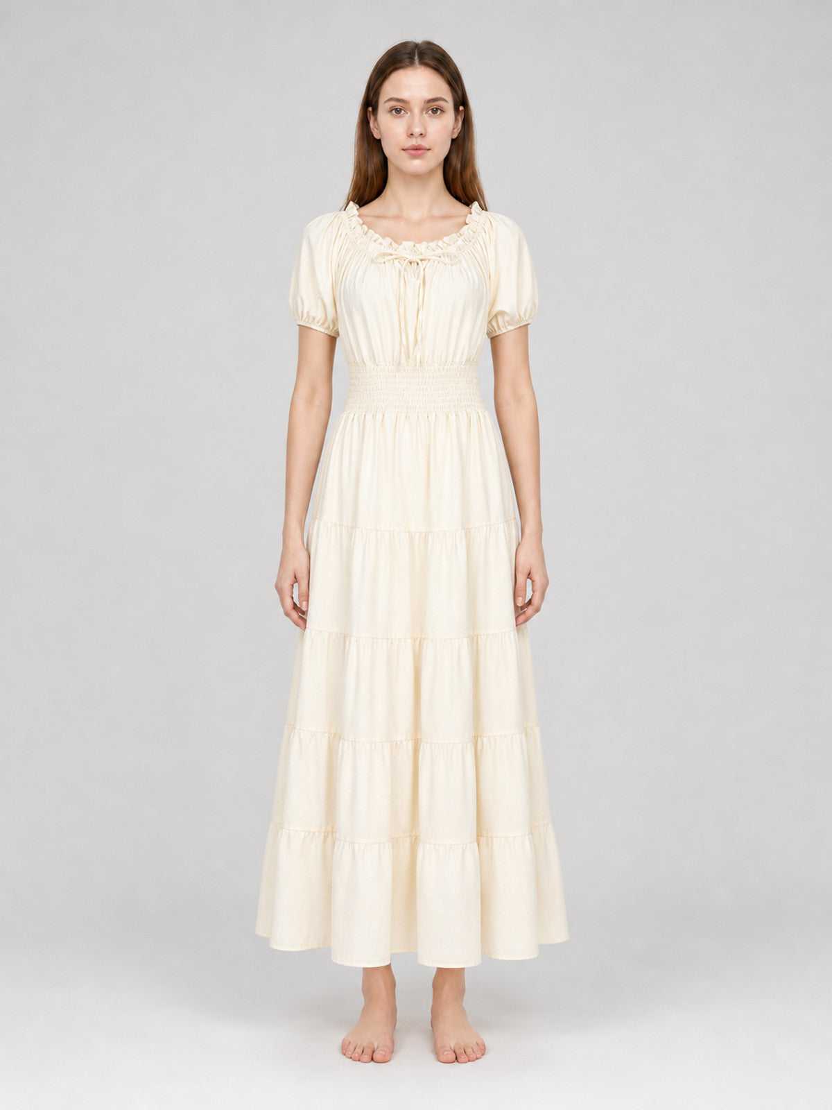 Tiered Dress with Puff Sleeves and Gathering front view