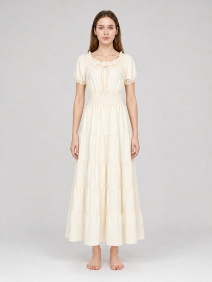Tiered Dress with Puff Sleeves and Gathering front view